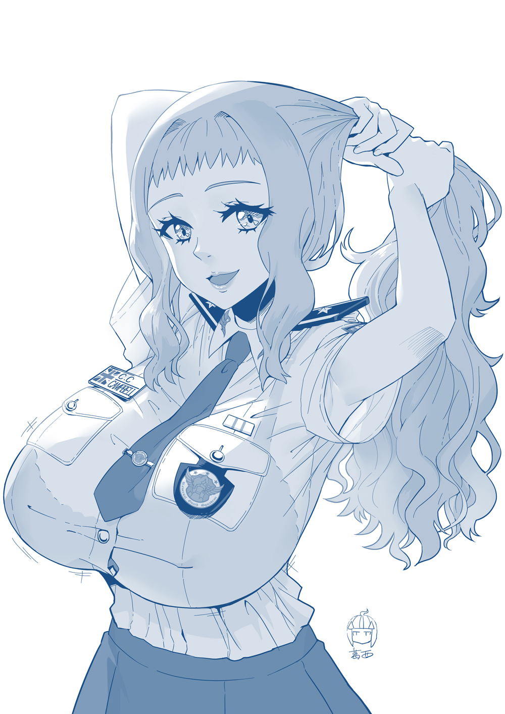 1girl, breasts, commentary_request, ge_xi, highres, huge_breasts, levasol_defense_corps, long_hair, monochrome, name_tag, necktie, open_mouth, original, police, police_uniform, policewoman, smile, solo, uniform, union_jack, very_long_hair, witches_in_7th_base