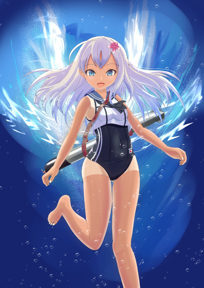 barefoot, black_neckwear, black_sailor_collar, black_swimsuit, blue_eyes, commentary_request, covered_navel, crop_top