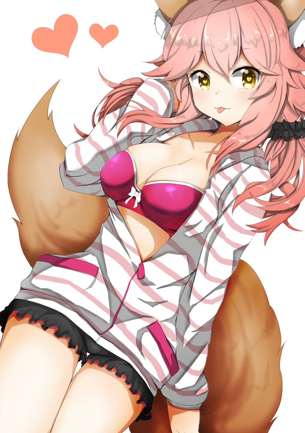 1girl, :3, animal_ears, blush, bra, breasts, cleavage, collarbone, fate/grand_order, fate_(series), fox_ears, fox_tail, hand_in_hair, heart, heart-shaped_pupils, highres, large_breasts, long_hair, looking_at_viewer, luluhavinera, open_clothes, open_shirt, pink_bra, pink_hair, shirt, simple_background, solo, striped, striped_shirt, symbol-shaped_pupils, tail, tamamo_(fate)_(all), tamamo_no_mae_(fate), tongue, tongue_out, underwear, white_background, yellow_eyes