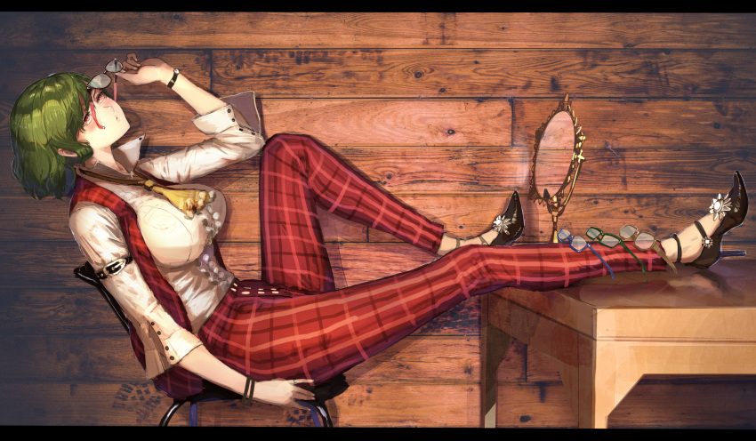 1girl, ascot, breasts, buttons, chair, collared_shirt, eyewear_removed, glasses, green_hair, high_heels, highres, jewelry, kazami_yuuka, kikimifukuri, mirror, pants, plaid, red_eyes, ring, shirt, sitting, table, touhou, vest, watch, wooden_table, wooden_wall