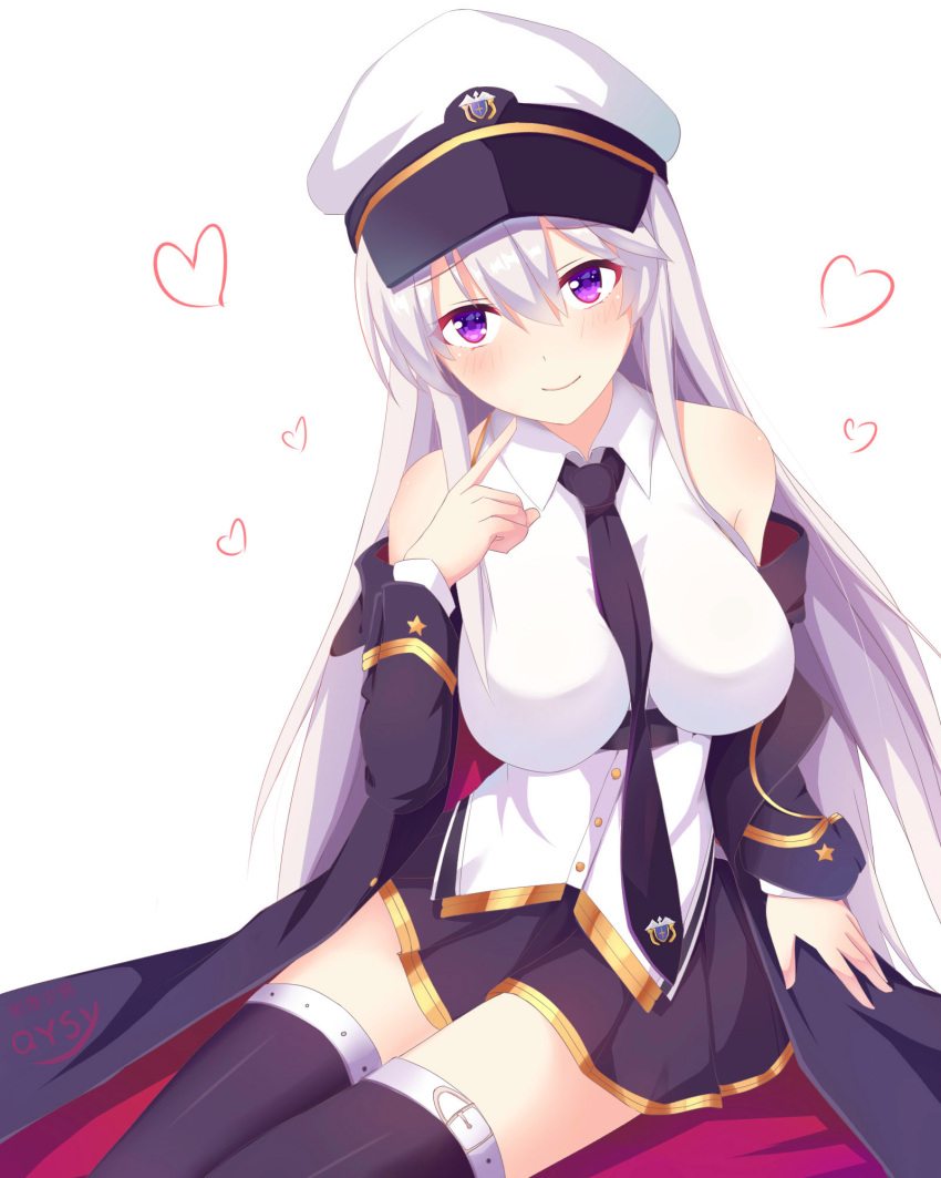 1girl, azur_lane, black_coat, black_legwear, black_neckwear, blush, breasts, collared_shirt, commentary_request, enterprise_(azur_lane), hat, head_tilt, heart, highres, large_breasts, long_hair, looking_at_viewer, necktie, peaked_cap, pointing, pointing_at_self, qi_ye_shao_yan, shirt, silver_hair, skirt, sleeveless, sleeveless_shirt, smile, solo, thigh-highs, violet_eyes
