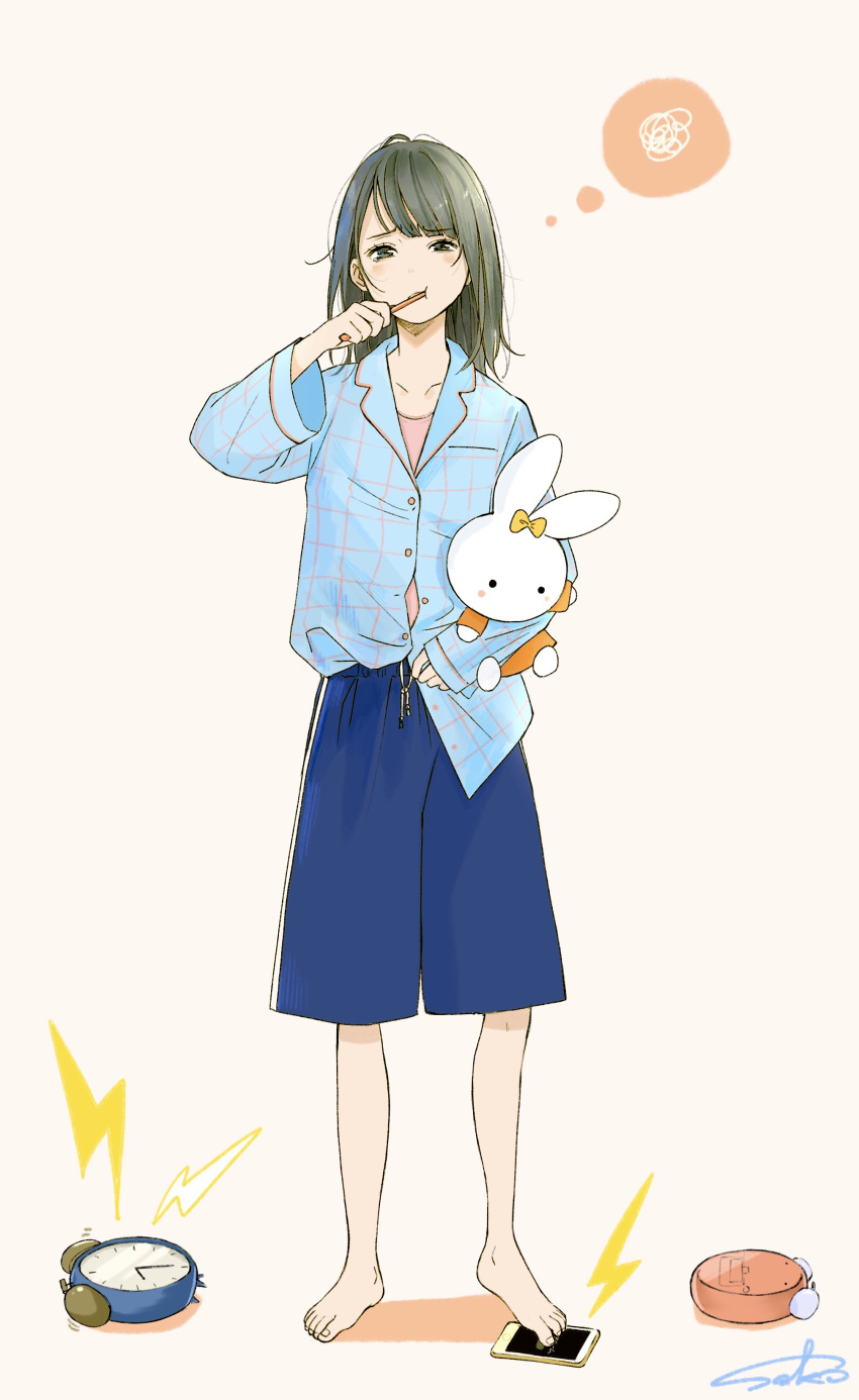 1girl, :t, absurdres, alarm_clock, barefoot, blue_shirt, blue_shorts, blush