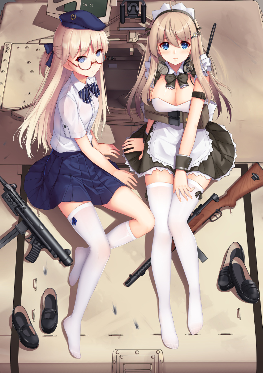2girls, absurdres, allenes, apron, beret, beretta_model_38, beretta_model_38_(girls_frontline), black_dress