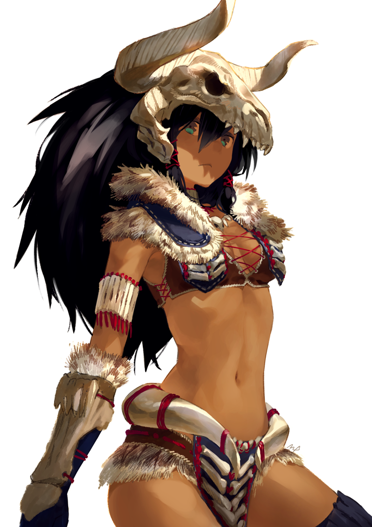 1girl, armband, bikini_bottom, bikini_top, black_gloves, black_hair, black_legwear, closed_mouth, commentary_request, dark_skin, dober_(armor), fur_trim, gauntlets, gloves, green_eyes, hair_between_eyes, horned_headwear, long_hair, maeya_susumu, monster_hunter, monster_hunter:_world, navel, skull_helmet, solo