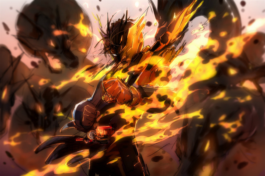 1boy, artist_request, banjou_ryuuga, braid, brown_hair, dragon, fighting_stance, fire