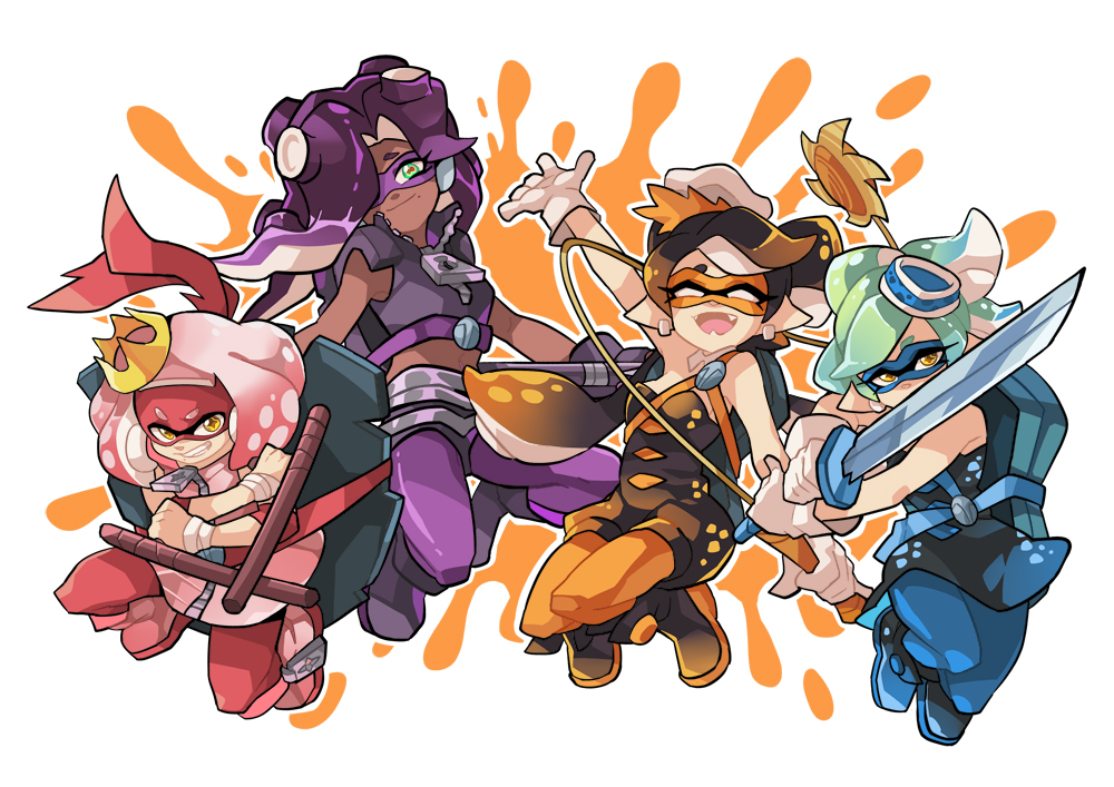 +_+, 4girls, callie_(splatoon), cephalopod_eyes, cosplay, dark_skin, donatello, donatello_(cosplay)
