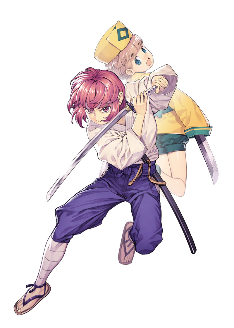 1boy, 1girl, :d, back-to-back, bangs, barefoot_sandals, blonde_hair, blue_eyes