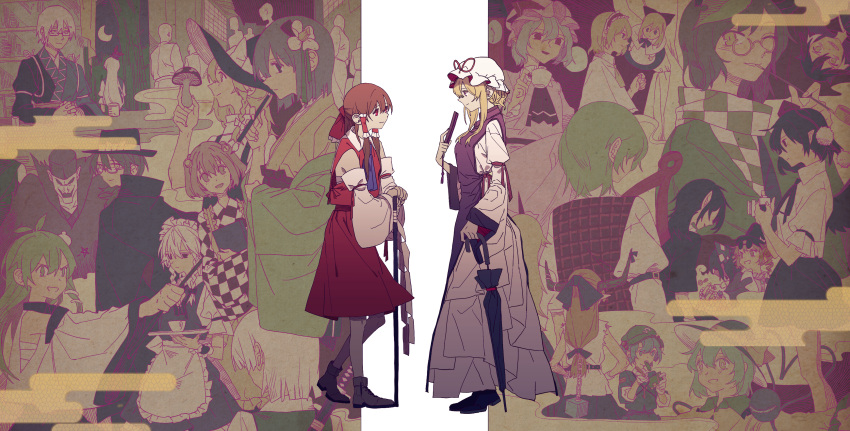 2boys, 6+girls, absurdres, ahoge, alice_margatroid, apron, black_hair, blonde_hair