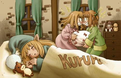 angry, cornet, doll, etoile_rosenqueen, hat, kururu_(rhapsody), l-kun, lowres, marl_kingdom, night, nippon_ichi, nomura_ryouji, pillow, pointy_ears, rhapsody, ribbon, sleeping, star