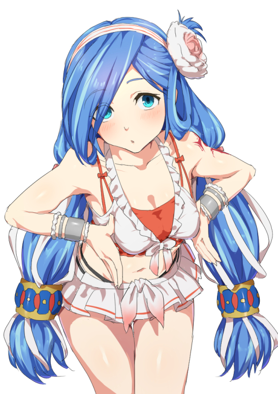 1girl, alternate_costume, bikini_skirt, bikini_top, blue_eyes, blue_hair, blush, bracelet