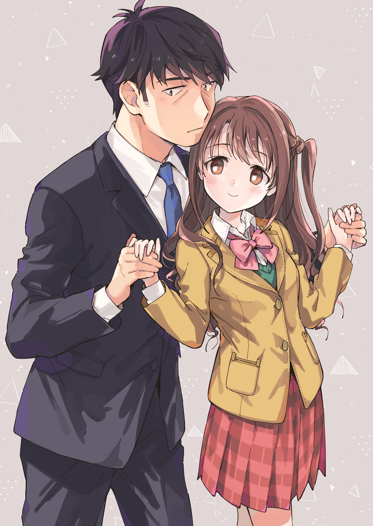 1boy, 1girl, black_hair, blazer, blush, bow, bowtie, brown_eyes