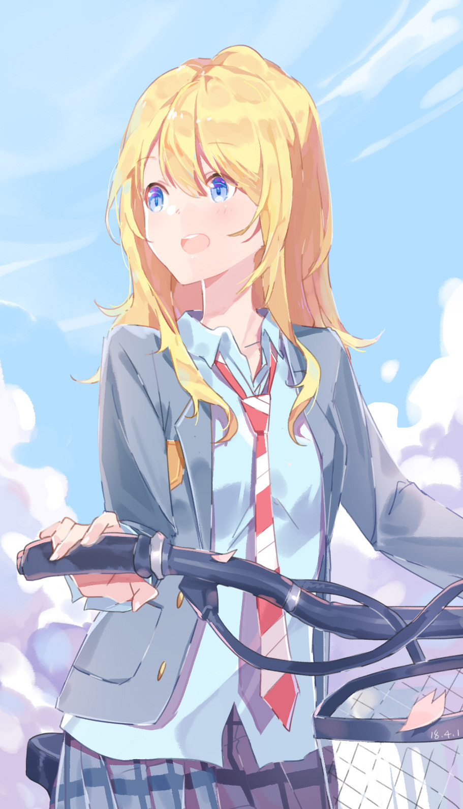 1girl, bicycle, blazer, blonde_hair, blue_eyes, blue_shirt, clouds, collared_shirt