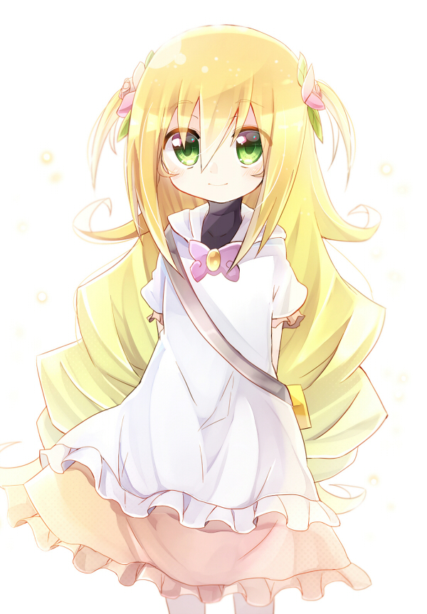 1girl, ake_no_hoshi_no_elise, arms_behind_back, bangs, blonde_hair, bow, child, dress, flower, green_eyes, hair_flower, hair_ornament, long_hair, looking_at_viewer, pink_bow, puffy_short_sleeves, puffy_sleeves, rento_(rukeai), saikyou_ginga_ultimate_zero_~battle_spirits~, short_sleeves, sidelocks, simple_background, smile, solo, white_background, white_dress, younger