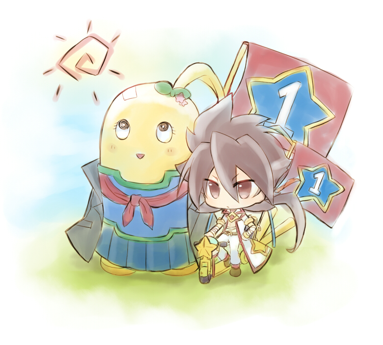 1boy, bandage, bandaged_arm, bird, brown_eyes, brown_hair, chibi, flag