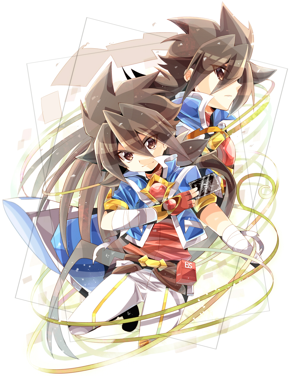 >:), bandage, bandaged_arm, black_footwear, blue_coat, boots, brown_eyes, brown_hair