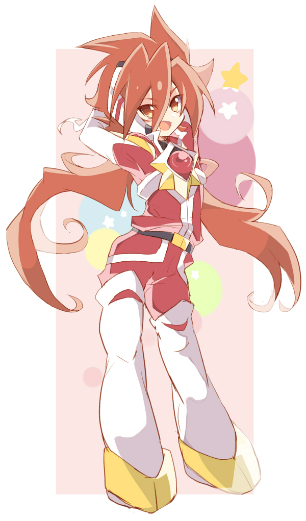 1boy, arms_behind_head, boots, coat, dotted_background, headgear, long_hair, long_sleeves