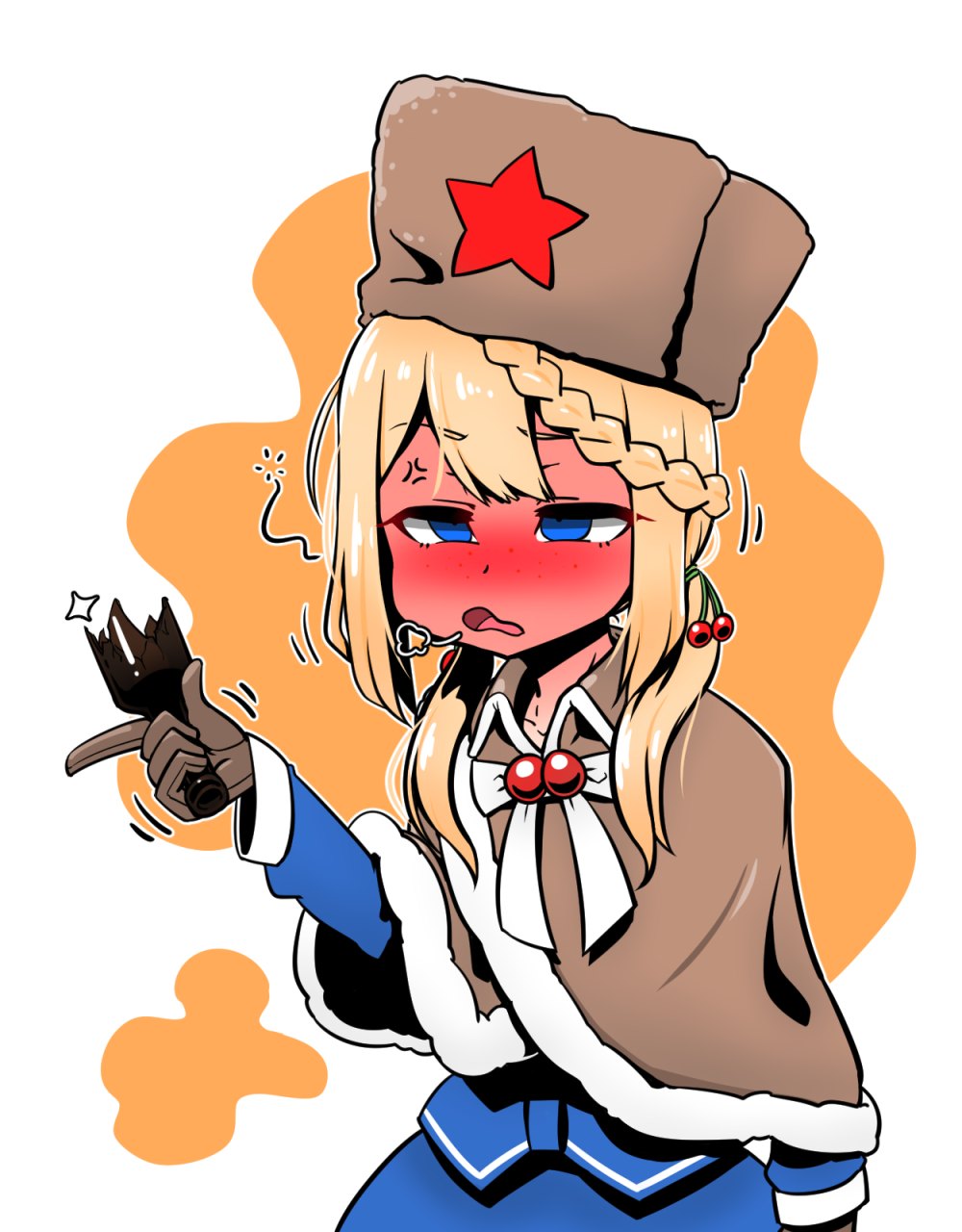 1girl, blonde_hair, blue_eyes, blush, broken_bottle, capelet, drowsy, drunk