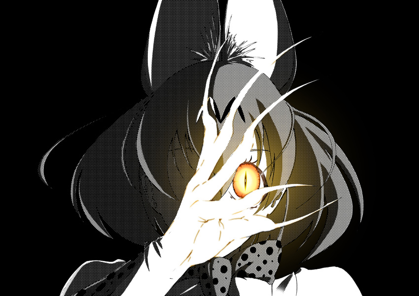 1girl, animal_ears, bangs, bow, bowtie, claws, covering_one_eye, extra_ears