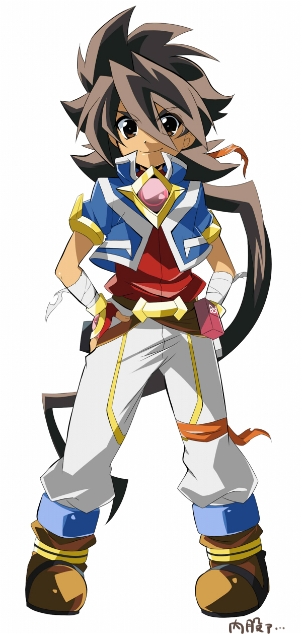 >:), 1boy, bandage, bandaged_arm, blue_coat, boots, brown_eyes, brown_footwear