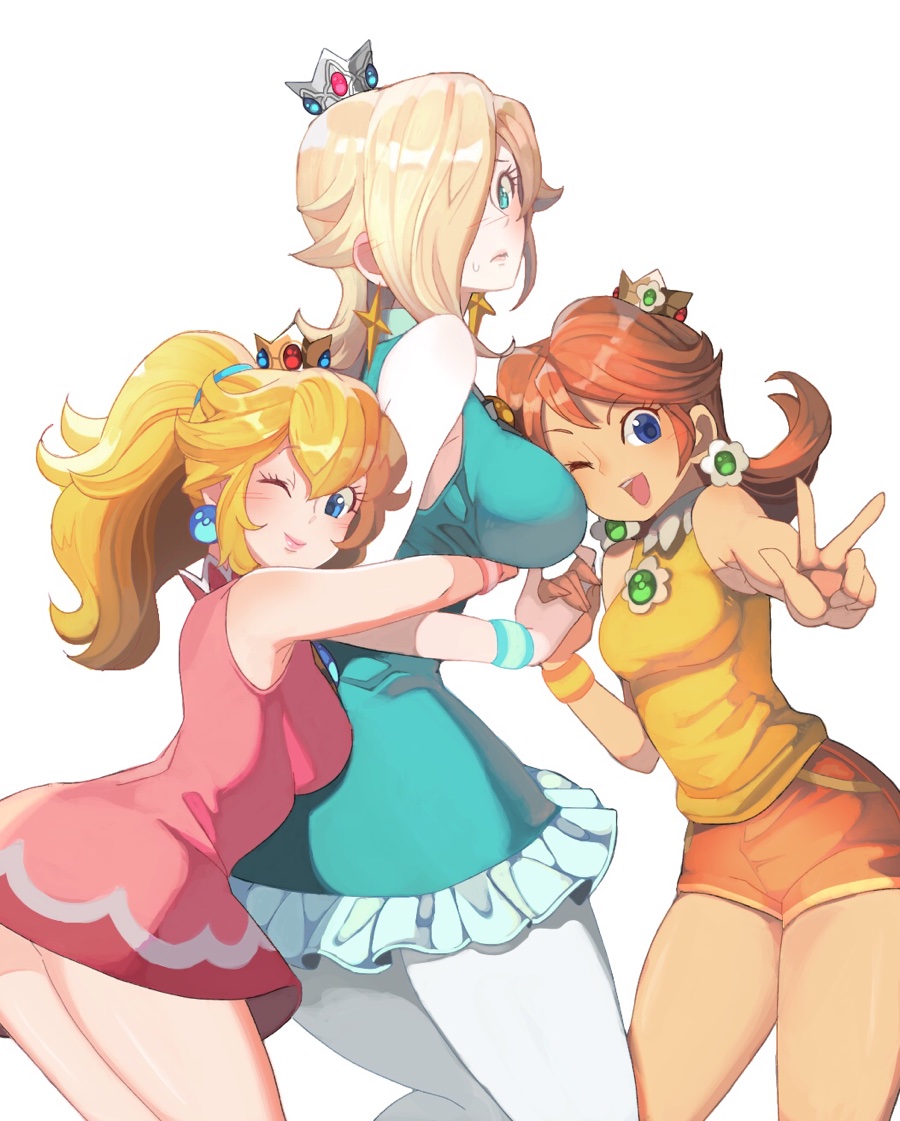 3girls, alternate_costume, blonde_hair, blue_eyes, blush, breasts, crown, hair
