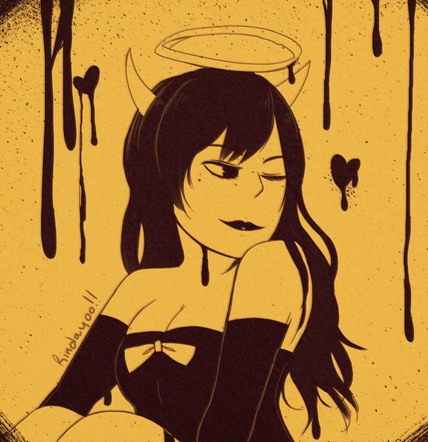 1girl, absurdres, alice_angel, bendy_and_the_ink_machine, black_dress, black_hair, bow, dress, halo, heart, highres, horns, ink, long_hair, one_eye_closed, rinday00, sepia_background, video_game
