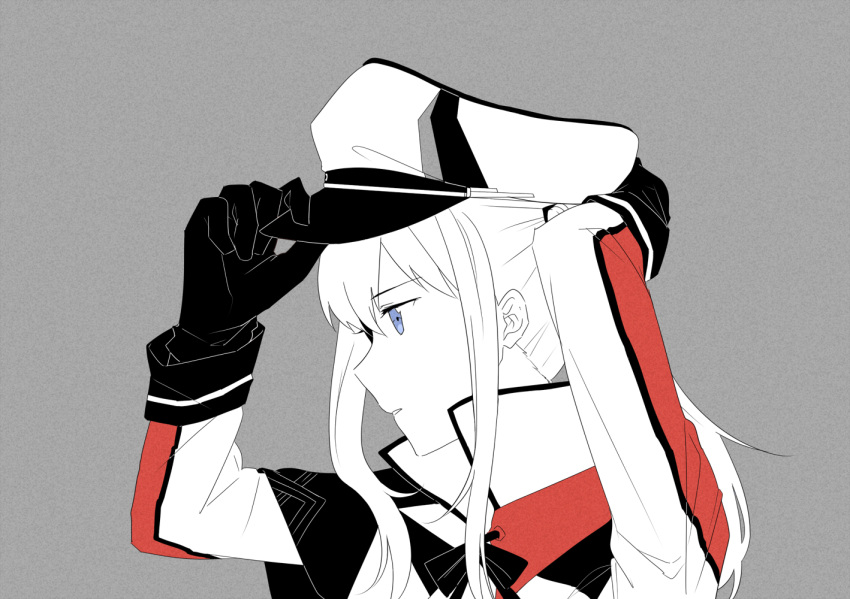 1girl, adjusting_clothes, adjusting_hat, asakawa_shinka, black_gloves, blue_eyes, capelet, celtic_knot, commentary_request, eyebrows_visible_through_hair, from_side, gloves, graf_zeppelin_(kantai_collection), grey_background, hat, kantai_collection, long_sleeves, military, military_hat, military_uniform, neck_ribbon, partially_colored, peaked_cap, ribbon, sidelocks, simple_background, solo, twintails, uniform