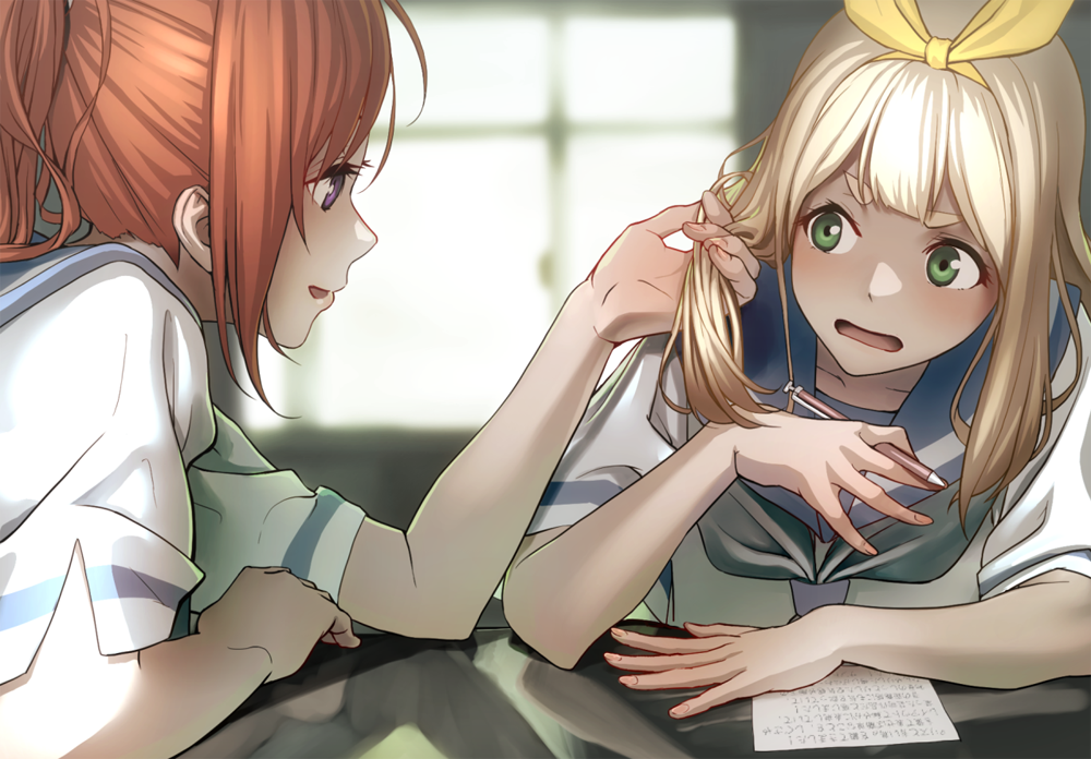 2girls, :d, blonde_hair, brown_hair, collarbone, embarrassed, green_eyes, grey_neckwear