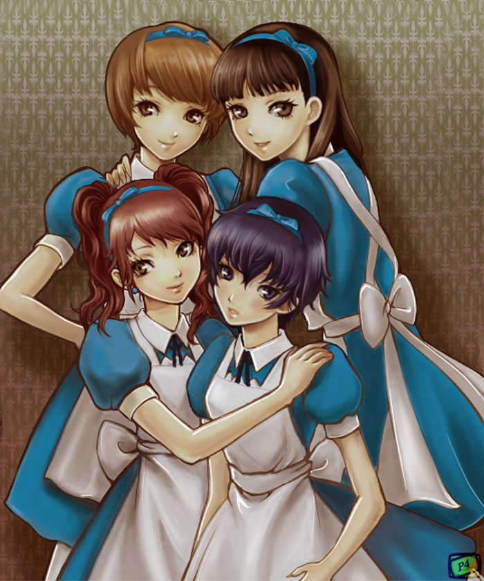 4girls, alice_(cosplay), amagi_yukiko, hair_ribbon, hair_ribbons, kujikawa_rise, maid, multiple_girls