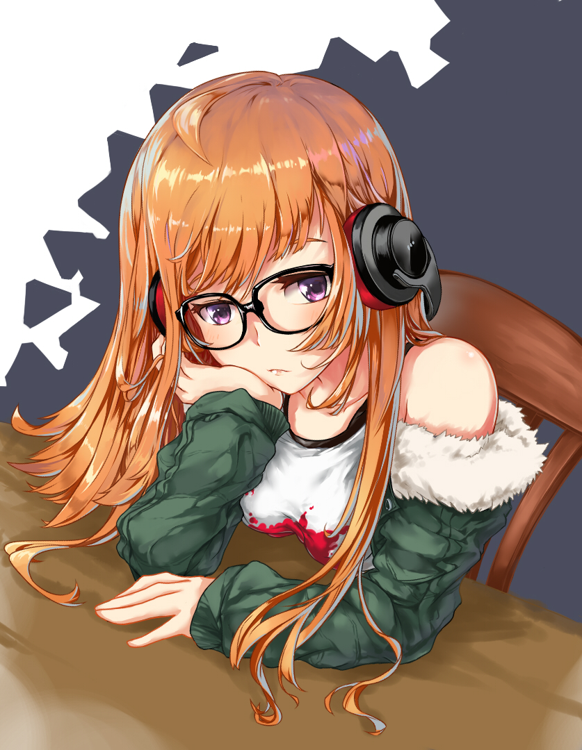 1girl, black-framed_eyewear, brown_hair, chin_rest, collarbone, fur_trim, glasses, green_jacket