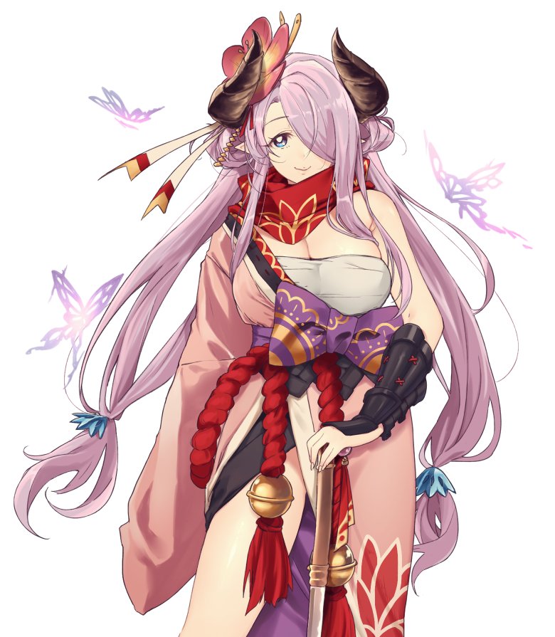 1girl, bare_shoulders, draph, flower, granblue_fantasy, hair_flower, hair_ornament, hair_over_one_eye