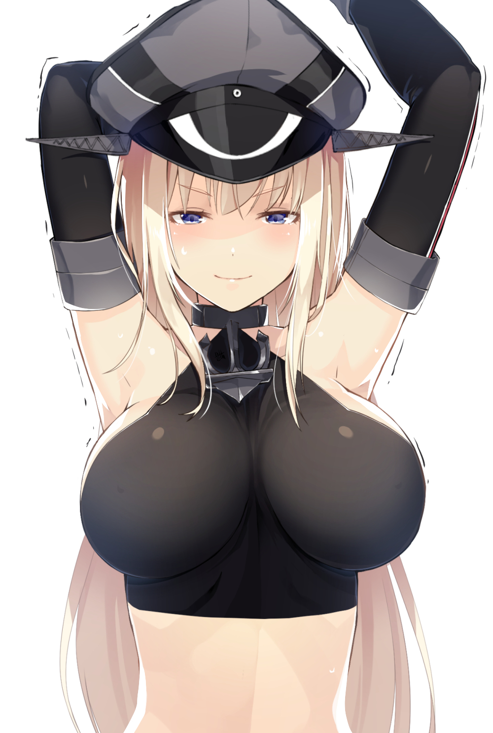 1girl, anchor, armpits, arms_up, bismarck_(kantai_collection), black_gloves, black_halter_top, blonde_hair
