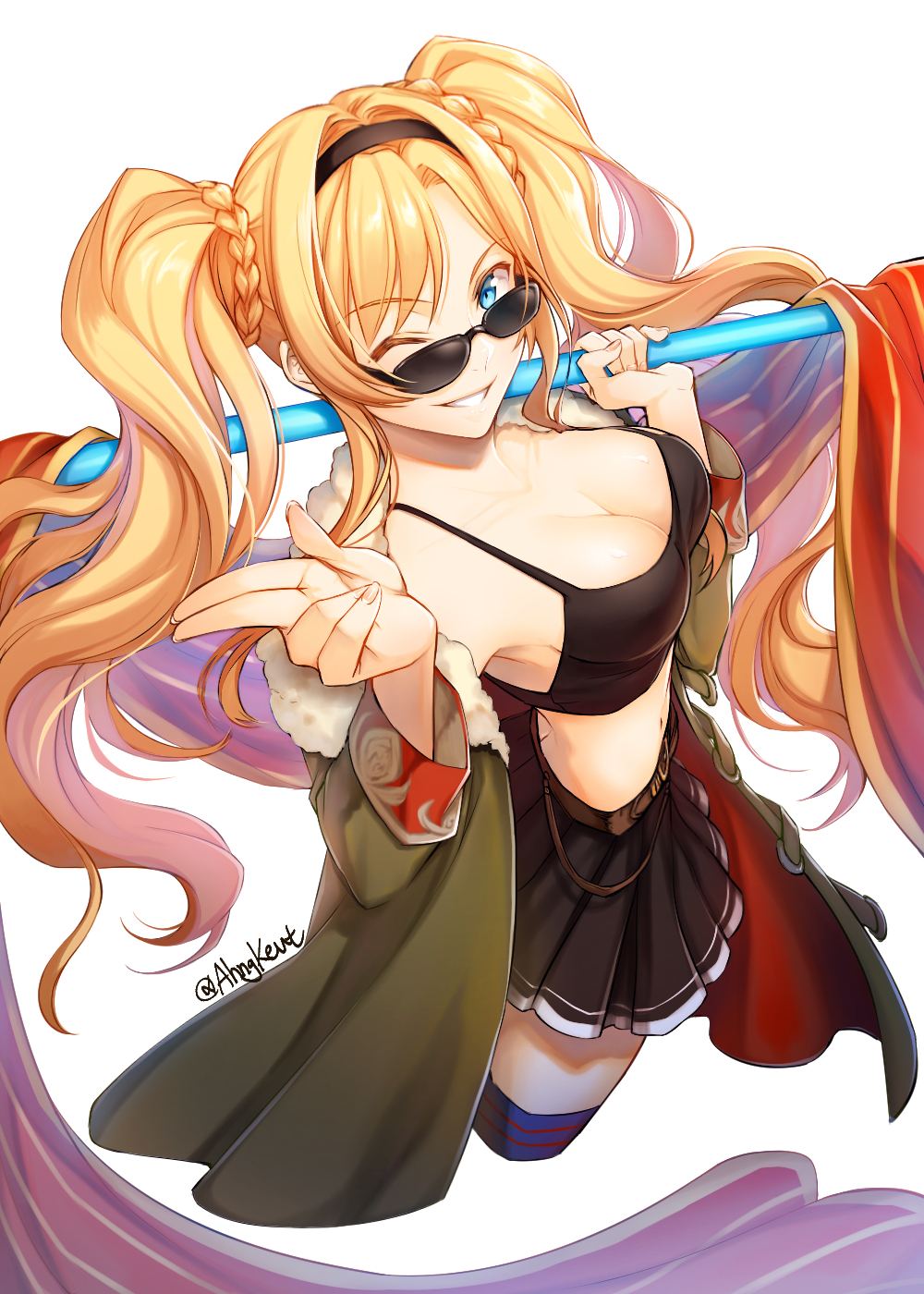 1girl, ahngkeut, bangs, bare_shoulders, blonde_hair, blue_eyes, breasts, cleavage