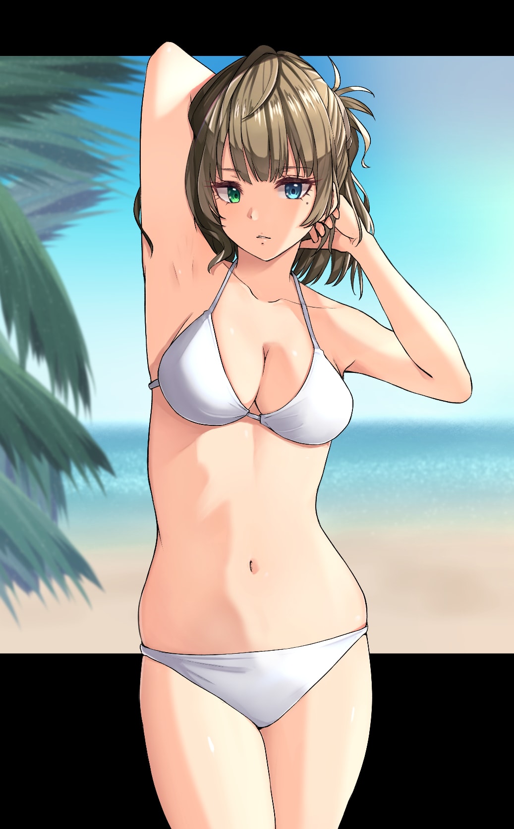 1girl, arms_behind_head, arms_up, bangs, bikini, blurry, blush, breasts