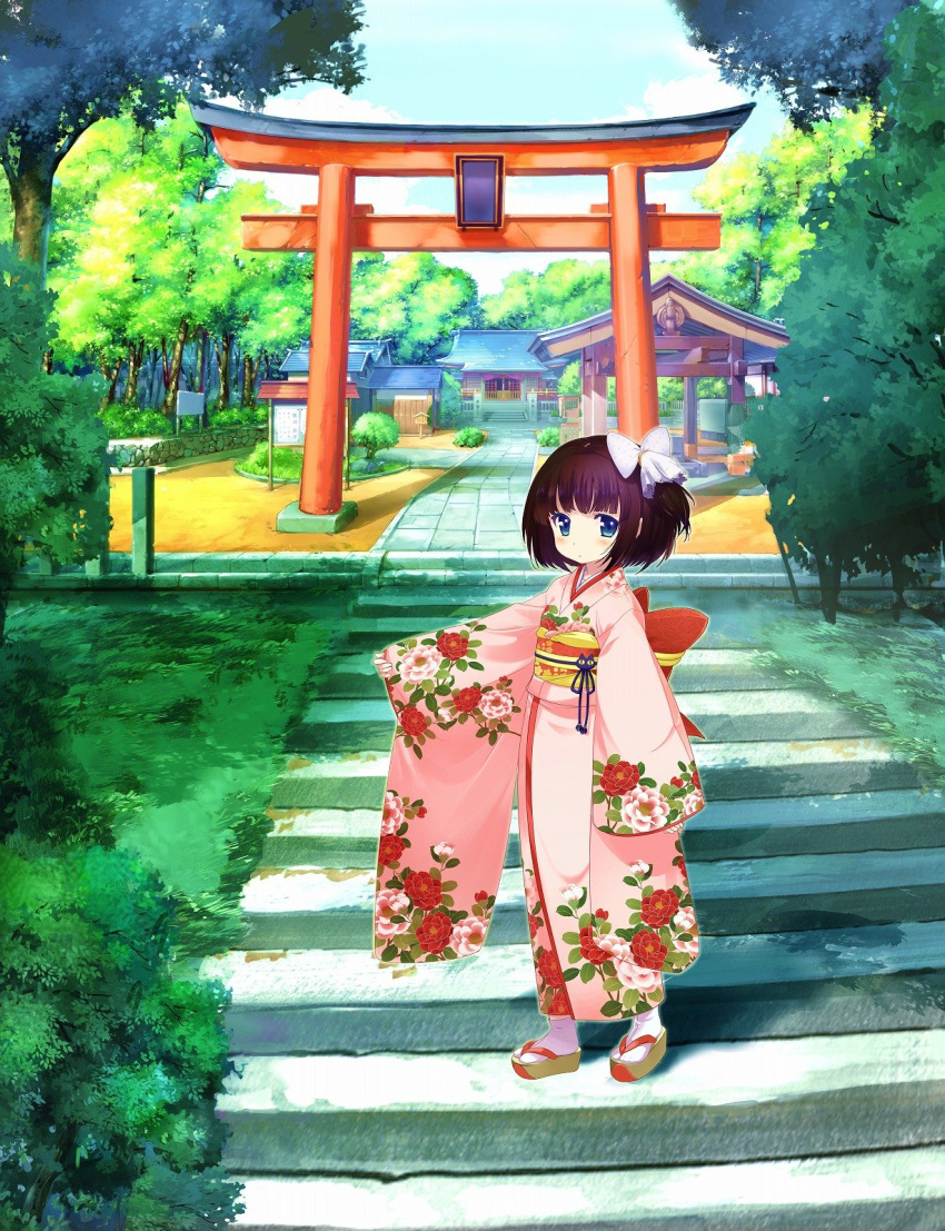 1girl, akino_takehiko, arm_up, black_hair, blue_eyes, building, floral_print, forest, hatsukoma_ruri, highres, japanese_clothes, kimono, nature, obi, official_art, outdoors, pink_kimono, ruri_no_kasane_~imouto_monogatari~, sandals, sash, short_hair, shrine, side_ponytail, solo, stairs, tabi, torii, tree