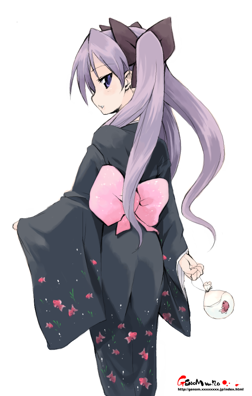 bagged_fish, blue_eyes, bow, fish, from_behind, goldfish, hair_ribbon, highres, hiiragi_kagami, japanese_clothes, kimono, long_hair, looking_back, lucky_star, onija_taro, onija_tarou, profile, purple_hair, ribbon, ribbons, simple_background, smile, solo, tsurime, twintails, yukata