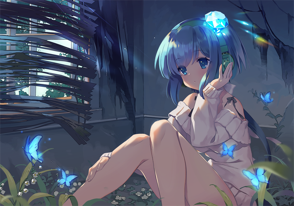 1girl, aoki_lapis, bangs, bare_shoulders, blinds, blue_eyes, blush, bug