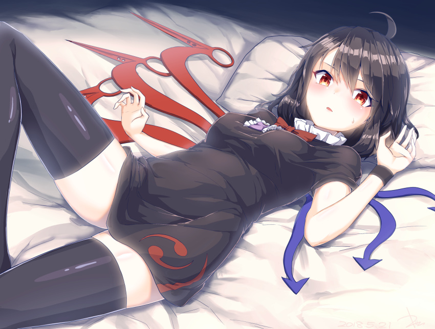1girl, ahoge, asymmetrical_wings, bed_sheet, black_dress, black_hair, black_legwear, blush