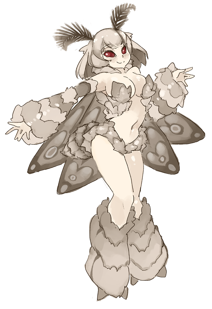 1girl, antennae, breasts, commentary, english_commentary, eyebrows_visible_through_hair, full_body, fur