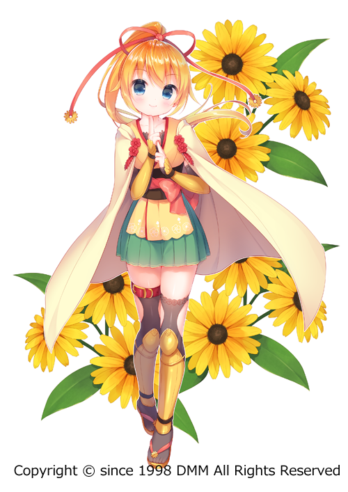 bangs, beige_cape, black_legwear, blue_eyes, blush, cape, closed_mouth, commentary_request, eyebrows_visible_through_hair, flower, flower_knight_girl, full_body, green_skirt, hair_ribbon, head_tilt, high_ponytail, japanese_clothes, kimono, kuji-in, long_hair, looking_at_viewer, ninja, obi, object_namesake, orange_hair, pleated_skirt, ponytail, red_ribbon, ribbon, rudbeckia, rudbeckia_(flower_knight_girl), sash, short_kimono, simple_background, skirt, smile, standing, thigh-highs, usashiro_mani, very_long_hair, white_background, yellow_flower, yellow_kimono, zouri