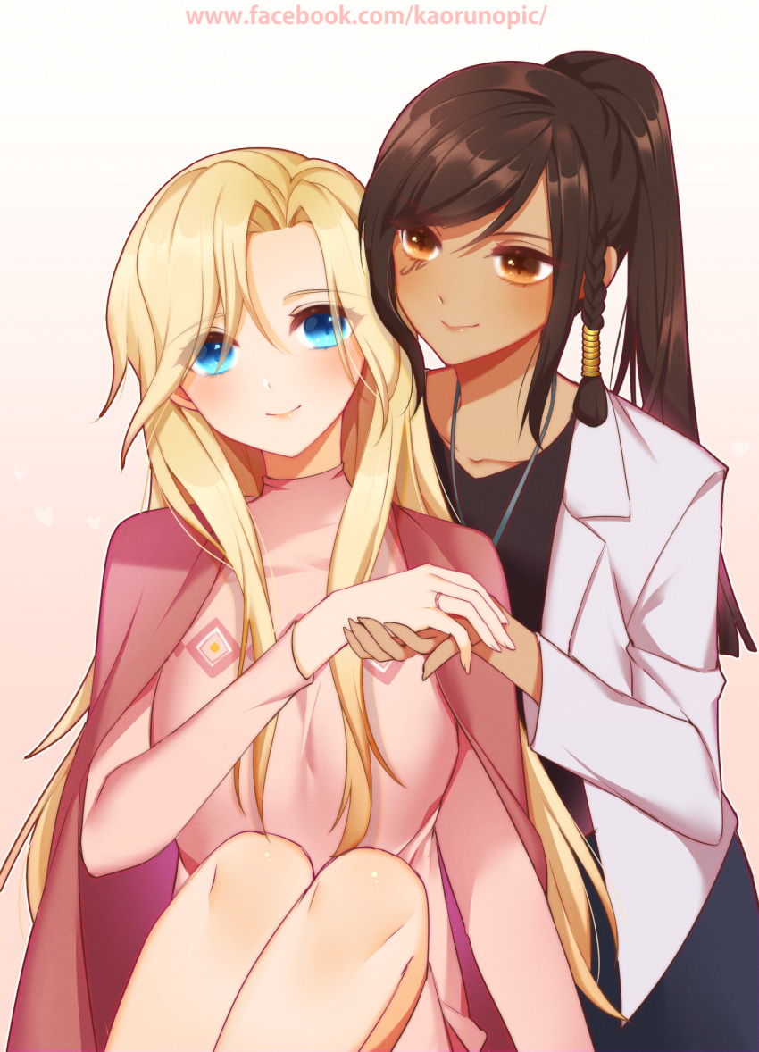 2girls, atobesakunolove, blonde_hair, blue_eyes, blush, brown_eyes, brown_hair, cape