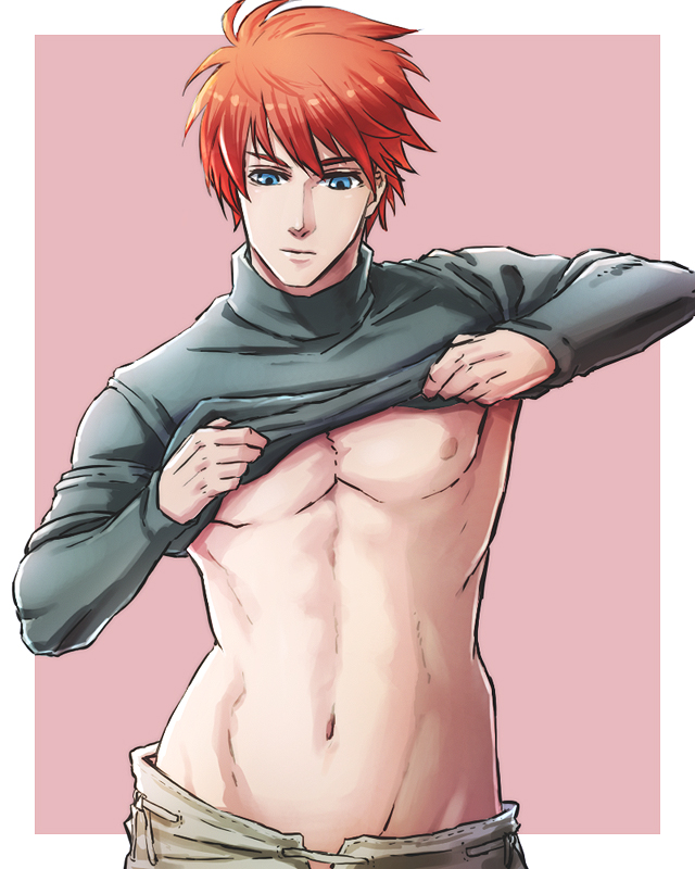 1boy, abs, blue_eyes, eliwood_(fire_emblem), fire_emblem, fire_emblem:_rekka_no_ken, male_focus, redhead