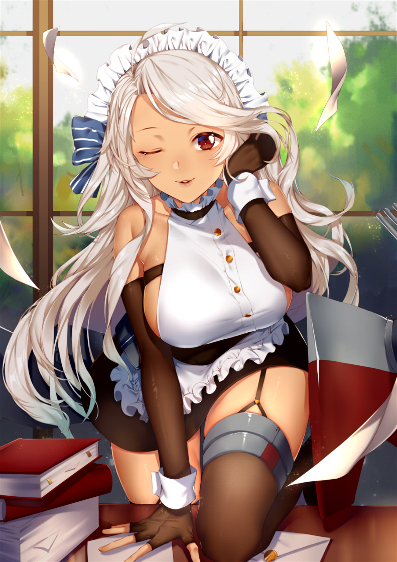 1girl, ahoge, apron, arm_support, azur_lane, bangs, bare_shoulders, black_gloves, blonde_hair, blush, book, bow, breasts, brooklyn_(azur_lane), dark_skin, day, desk, elbow_gloves, eyebrows_visible_through_hair, fingerless_gloves, garter_straps, gloves, halterneck, hand_to_own_head, iiiroha, indoors, large_breasts, letter, long_hair, looking_at_viewer, machinery, maid, mounting, one_eye_closed, paper_stack, red_eyes, ribbon, rigging, shiny, shiny_skin, sideboob, sidelocks, skindentation, skirt, solo, thigh-highs, thighs, very_long_hair, wavy_hair
