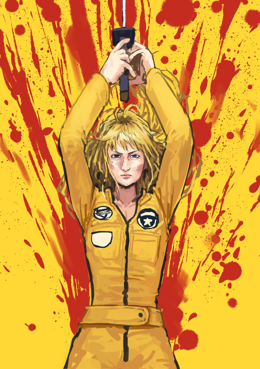 1girl, absurdres, beatrix_kiddo, belt, blonde_hair, blood, blood_splatter, blue_eyes