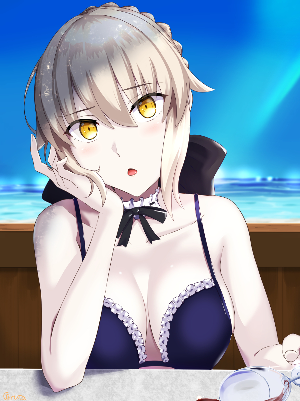 1girl, arm_support, artoria_pendragon_(all), artoria_pendragon_(swimsuit_rider_alter), bangs, bare_shoulders, bikini, black_bow