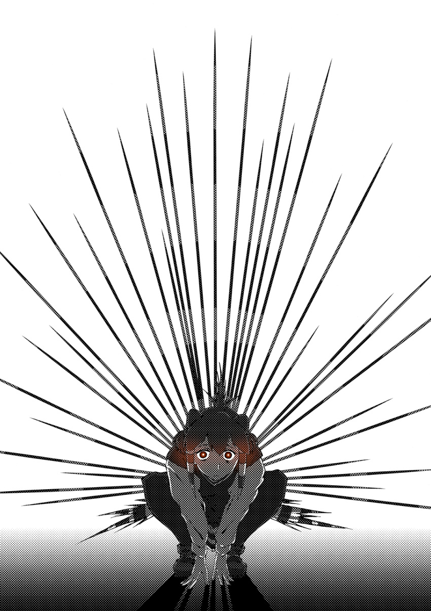 1girl, animal_ears, arm_support, closed_mouth, crested_porcupine_(kemono_friends), greyscale, halftone, highres, kaya_(nari1-24), kemono_friends, light_frown, long_sleeves, looking_at_viewer, monochrome, needle, pantyhose, porcupine_ears, red_eyes, shoes, short_hair, solo, spot_color, squatting