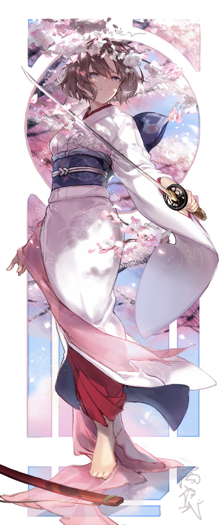 1girl, barefoot, brown_hair, cherry_blossoms, fate/grand_order, fate_(series), fukuda935, highres