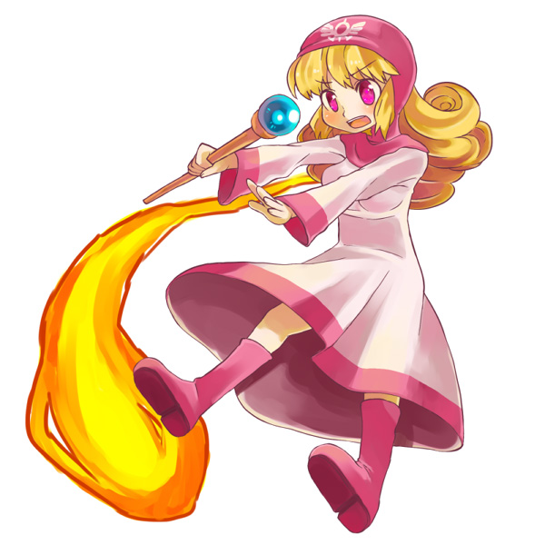 1girl, blonde_hair, blush, breasts, commentary_request, curly_hair, dragon_quest, dragon_quest_ii, dress, hat, hood, hood_up, long_hair, princess, princess_of_moonbrook, solo, sora-mame, staff, weapon, white_dress, white_robe
