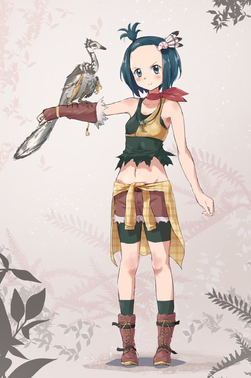 1girl, archaeopteryx, bandanna, bare_shoulders, bike_shorts, blue_eyes, blue_hair, blush
