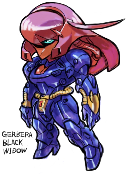 aburaya_tonbi, black_widow, blue_eyes, character_name, chibi, full_body, fusion, gerbera_tetra