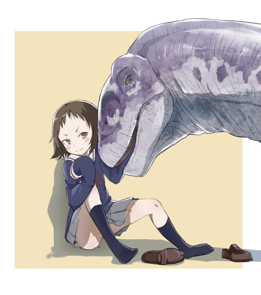 1girl, blue_legwear, blue_shirt, blush, brachiosaurus, brown_eyes, brown_footwear, brown_hair